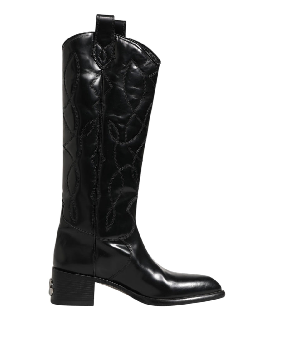 Black Leather Over The Calf Biker Boots Shoes