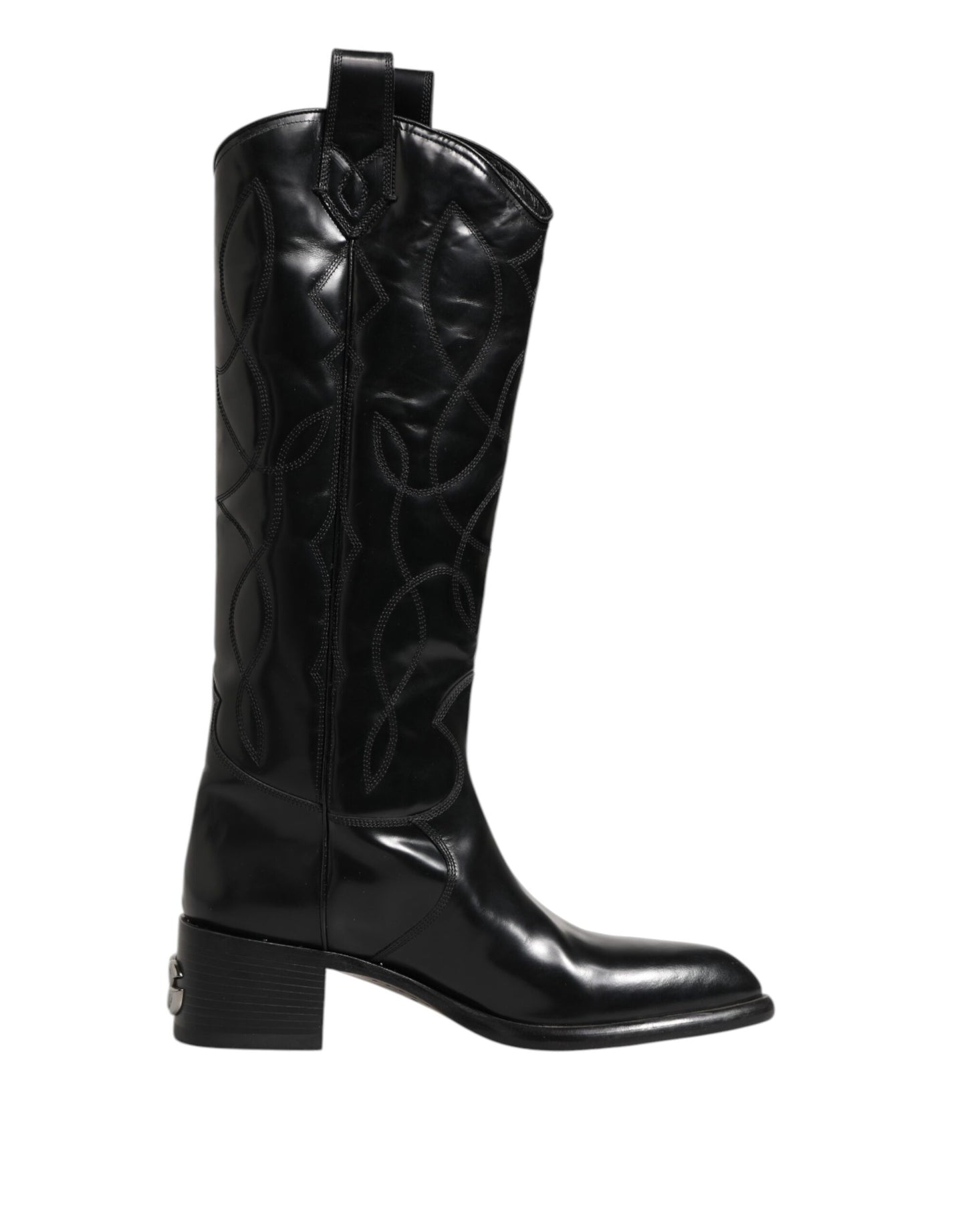 Black Leather Over The Calf Biker Boots Shoes