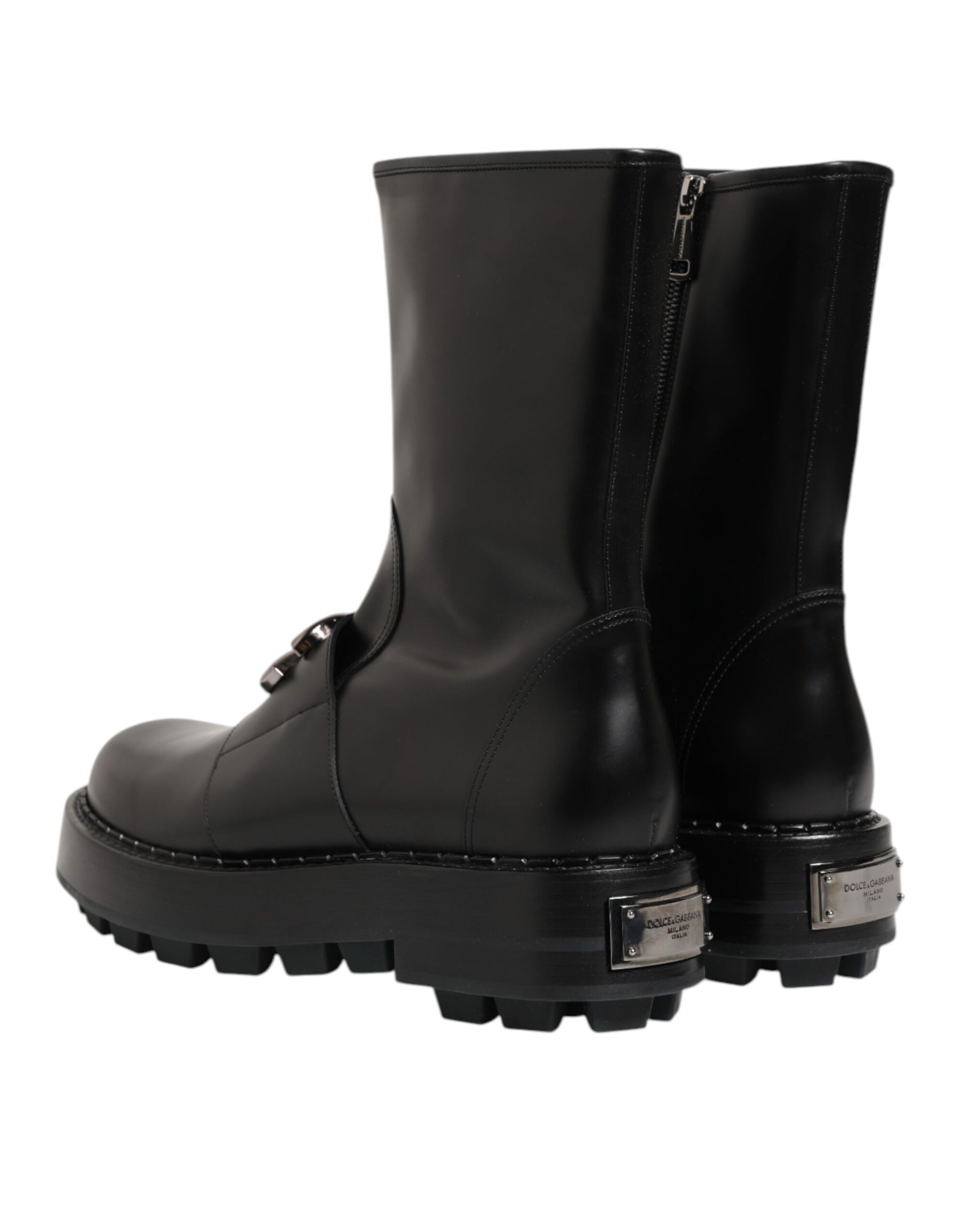 Black Logo Plaque Mid Calf Biker Boots Shoes
