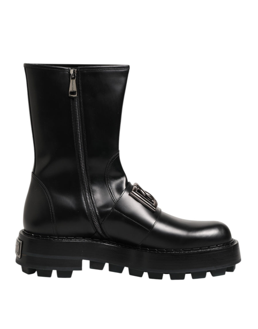 Black Logo Plaque Mid Calf Biker Boots Shoes