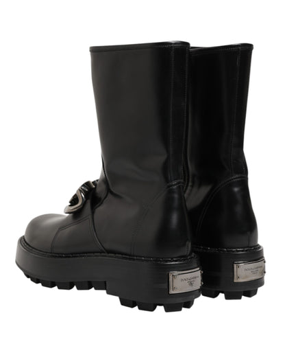 Black Logo Plaque Mid Calf Biker Boots Shoes