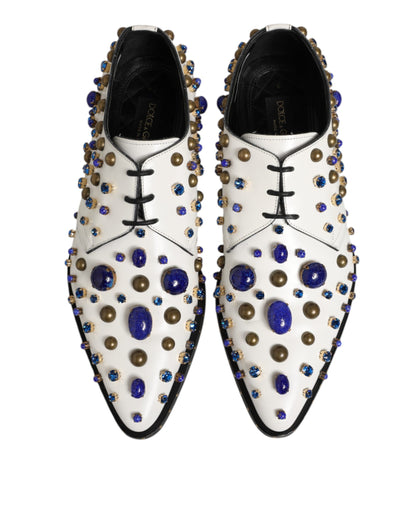 White Leather Crystals Embellished Dress Shoes