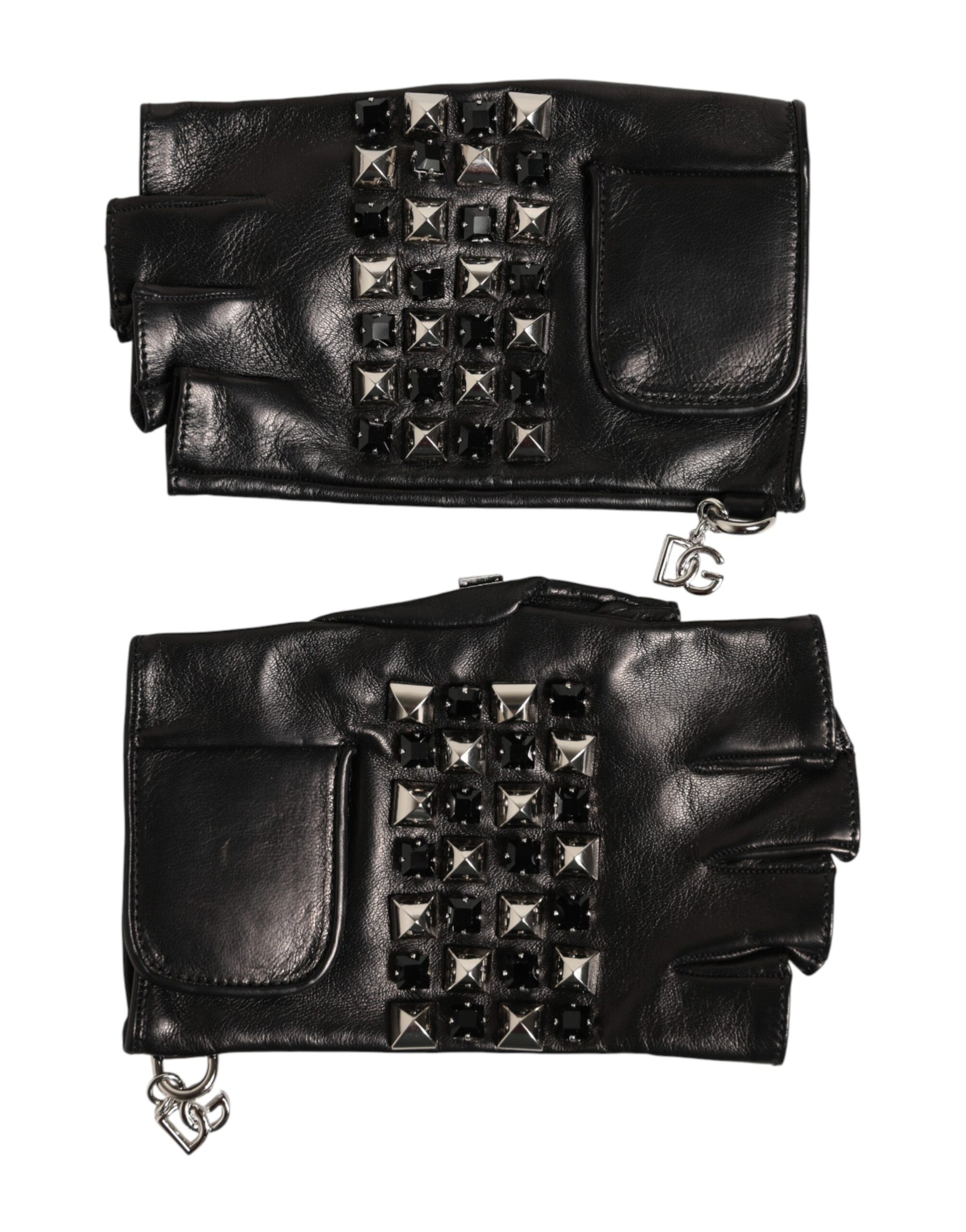 Black Leather Studded Fingerless Hand Mitten Men Gloves