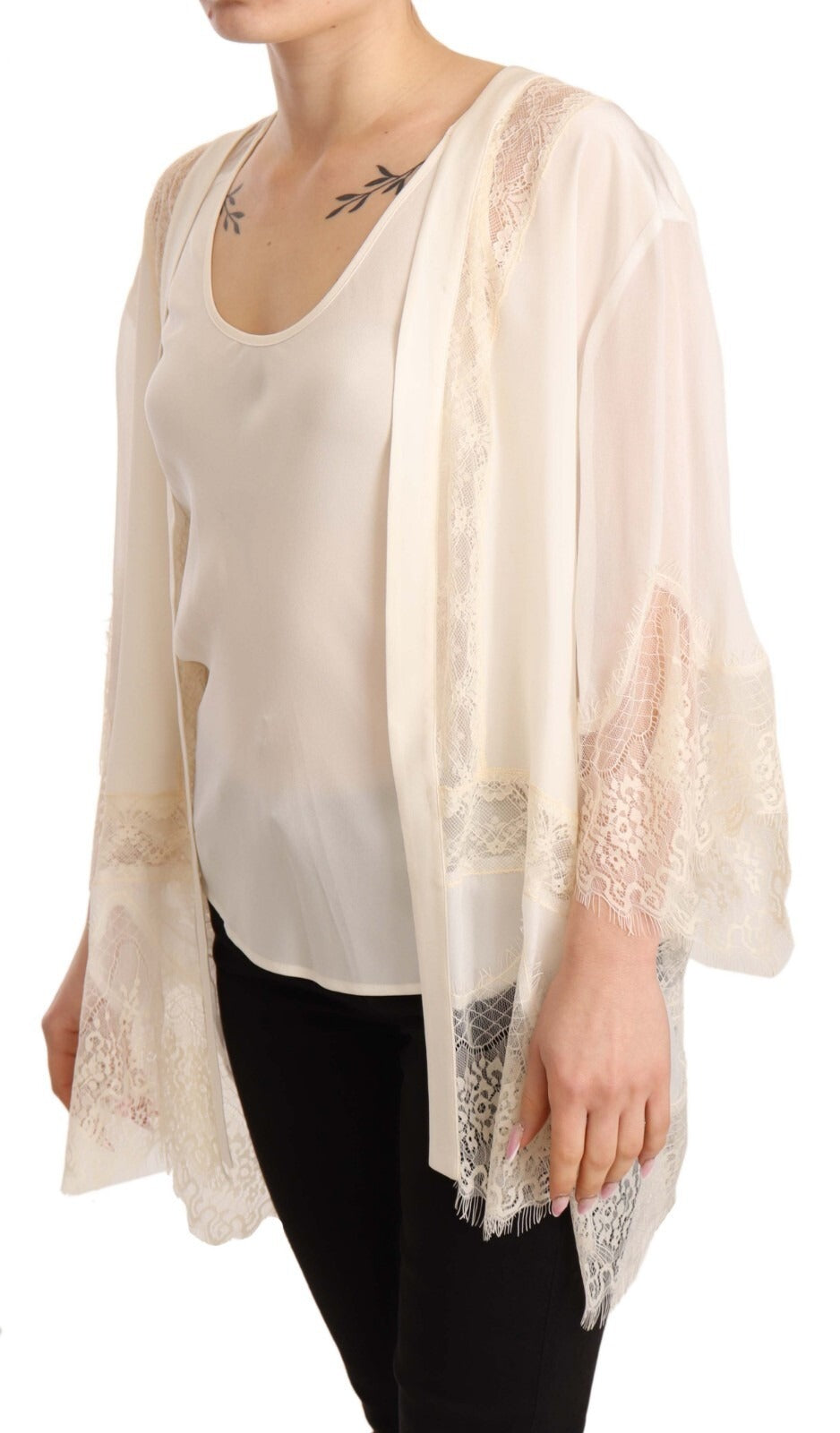 Off White Tank Lace Trim Cardigan Women Blouse Tops