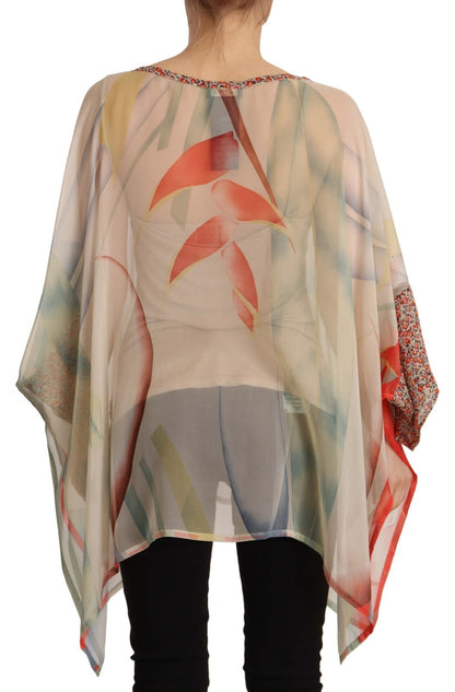 Silk Multicolor Printed Poncho Long Sleeves Women Blouse Top