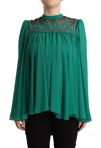 Green Lace Polyester Long Sleeves Pleated Top Blouse