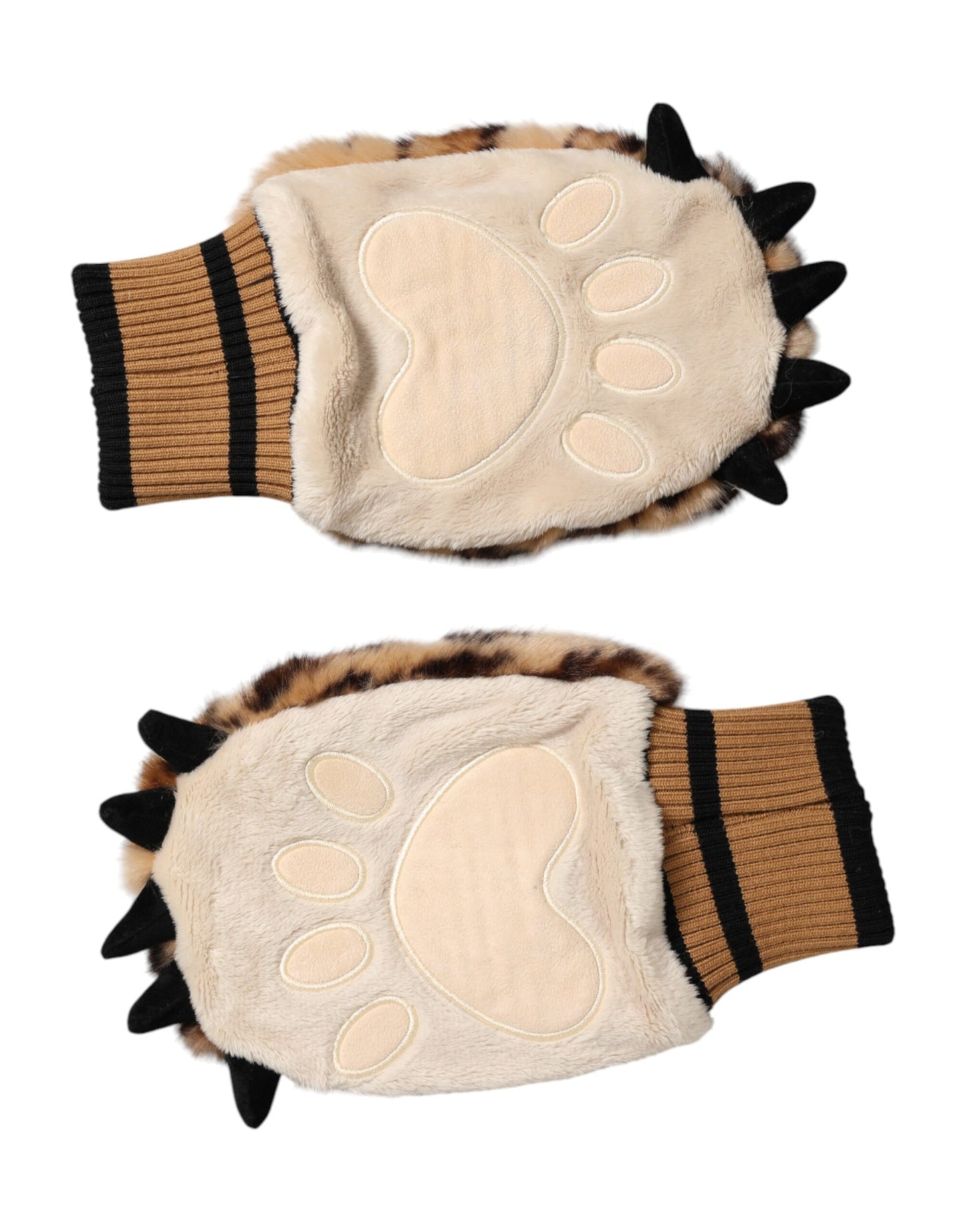 Brown Leopard Knitted Fur Wrist Mitten Gloves