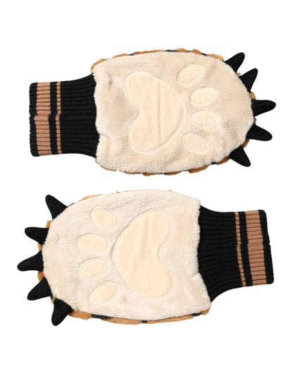 Brown Tiger Knitted Fur Wrist Mitten One Size Gloves