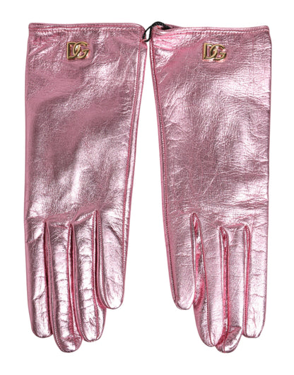 Pink Leather DG Logo Wrist Length Mitten Gloves