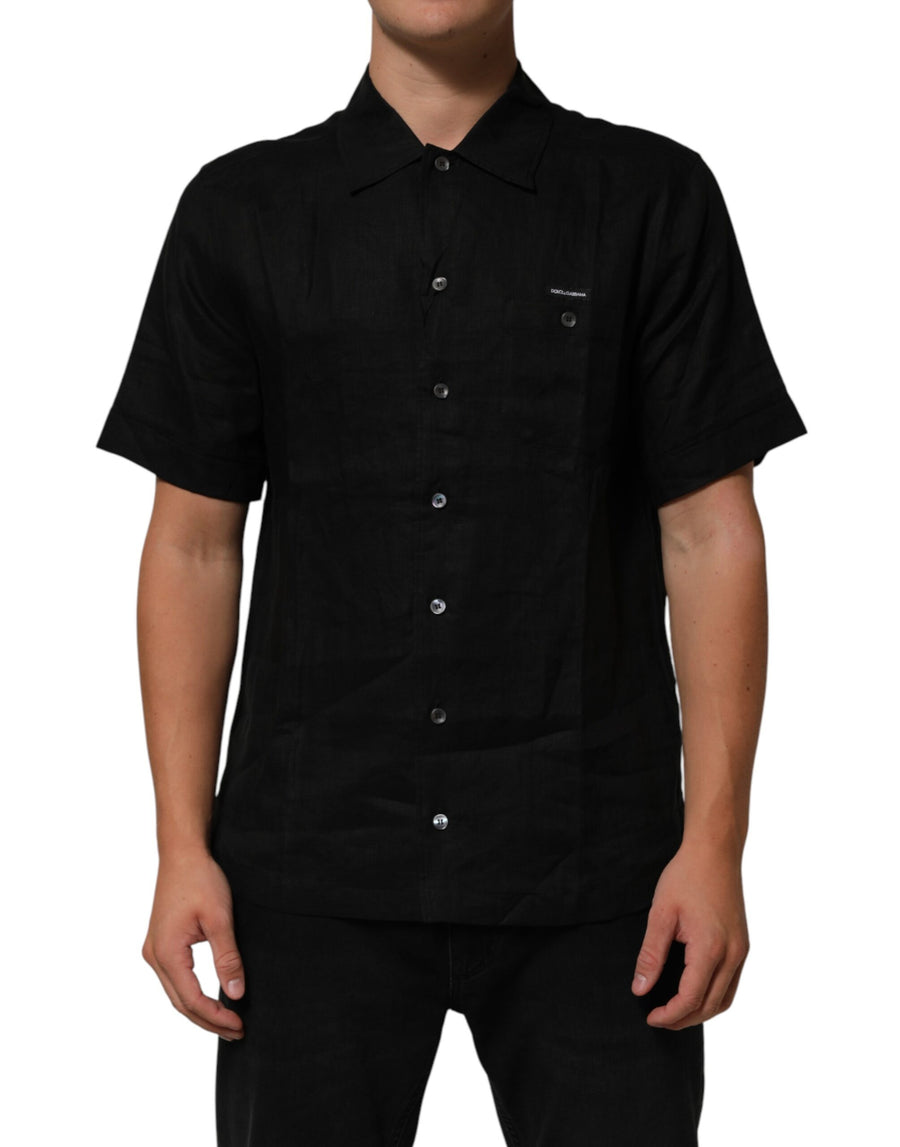 Black Linen Collared Short Sleeve Polo Shirt