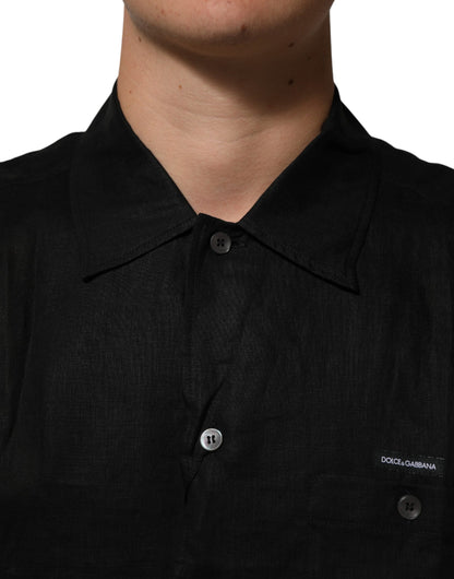 Black Linen Collared Short Sleeve Polo Shirt