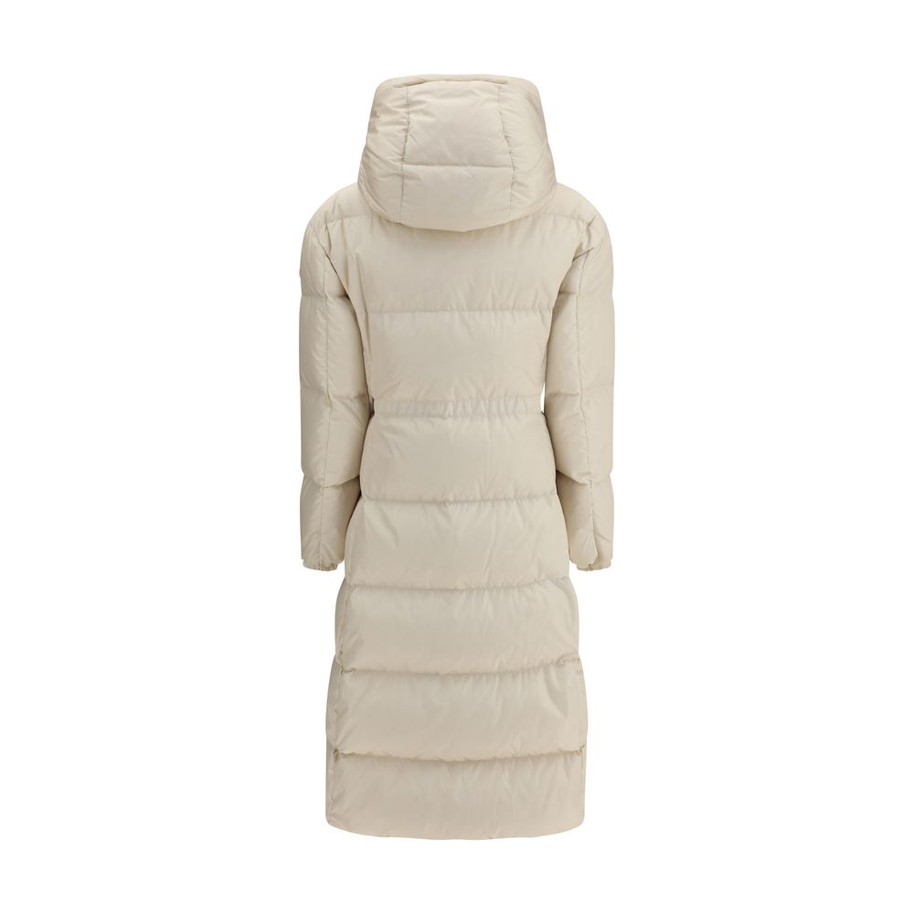 The long Down Jacket with hood and wool trims