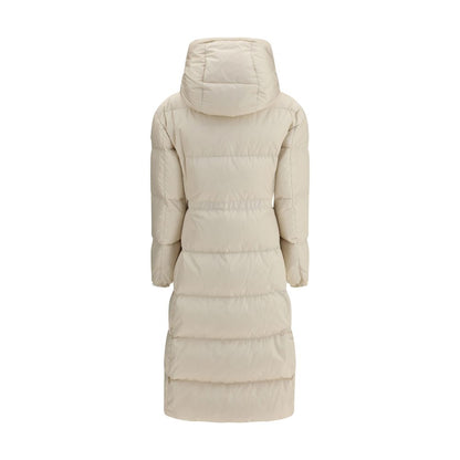 The long Down Jacket with hood and wool trims
