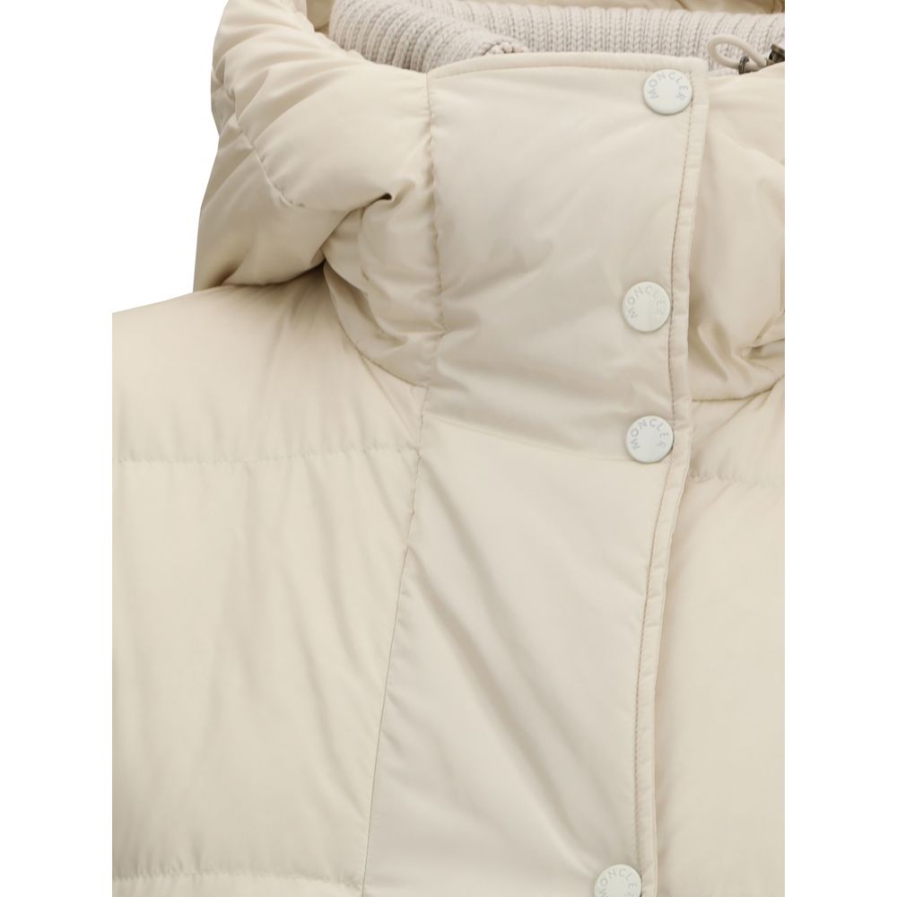 The long Down Jacket with hood and wool trims