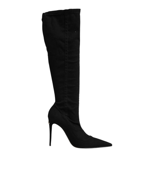 Black Cotton Stretch High Heels Boots Shoes