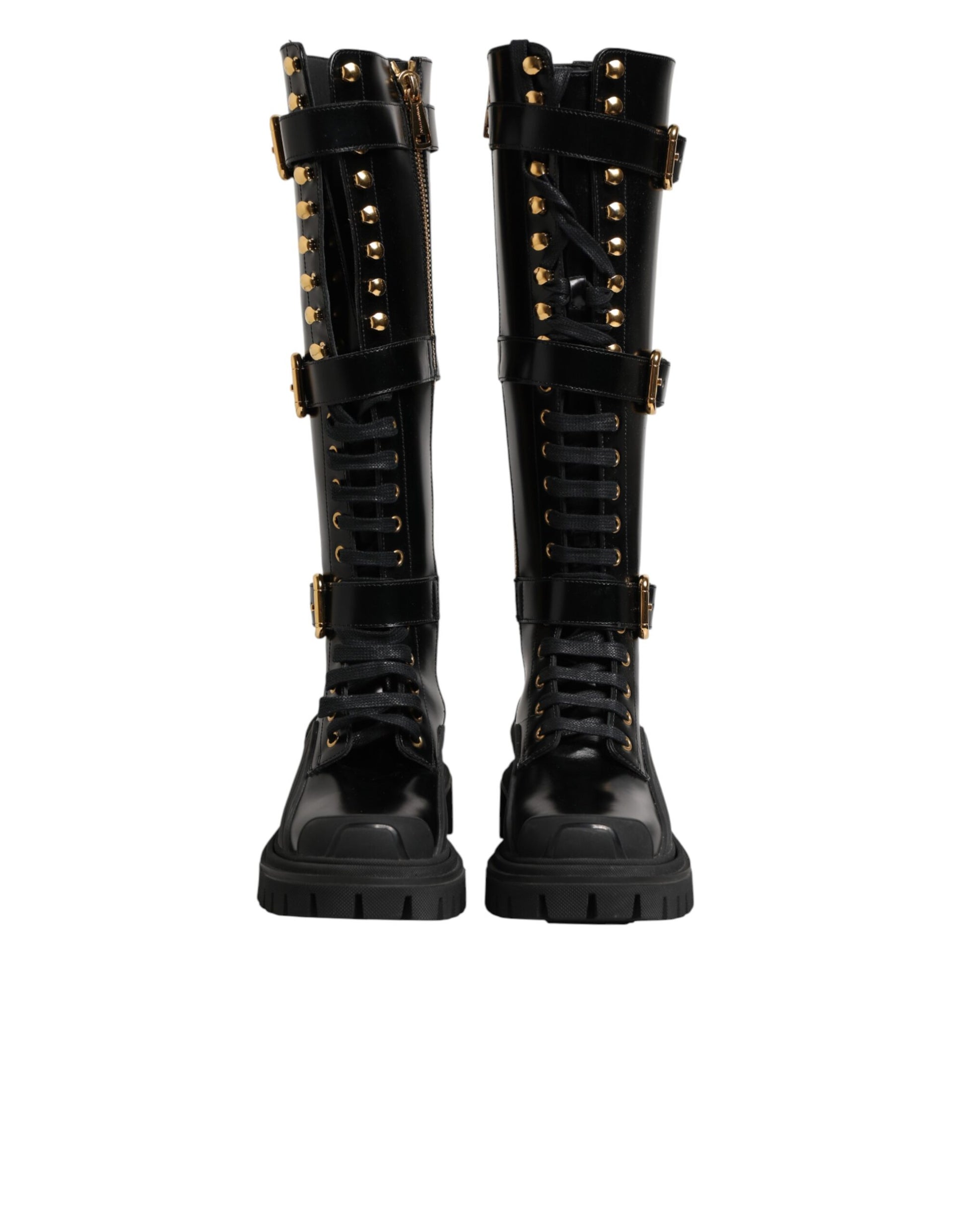 Black Buckle Embellished Knee High Boots Shoes