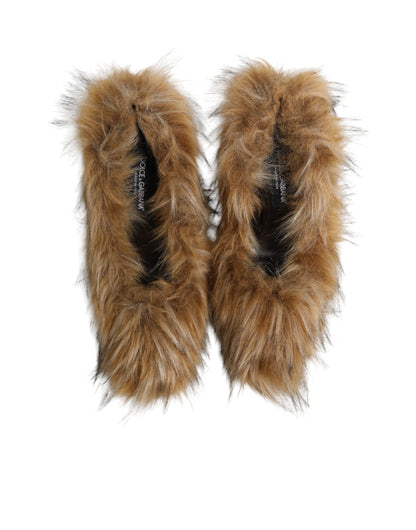 Brown Fur Leather High Heels Pumps Shoes