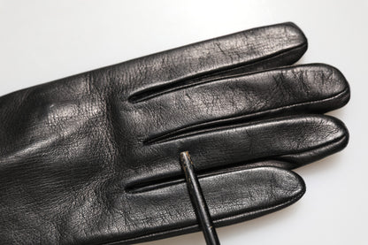 Black Leather Embellished Long Mitten Gloves