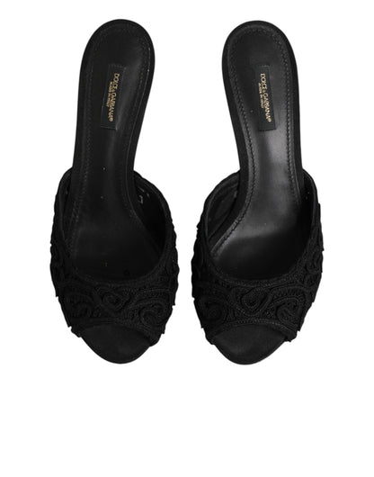 Black Embroidered Slip On Heels Slides Shoes