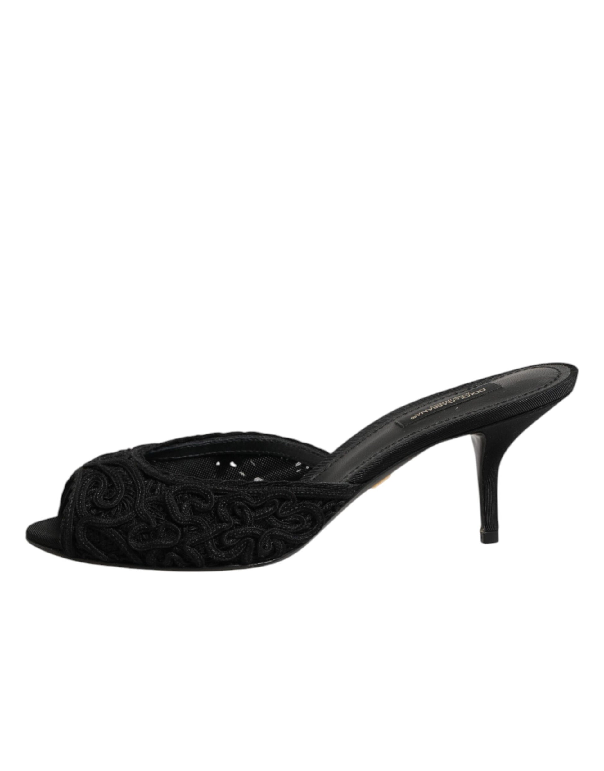 Black Embroidered Slip On Heels Slides Shoes
