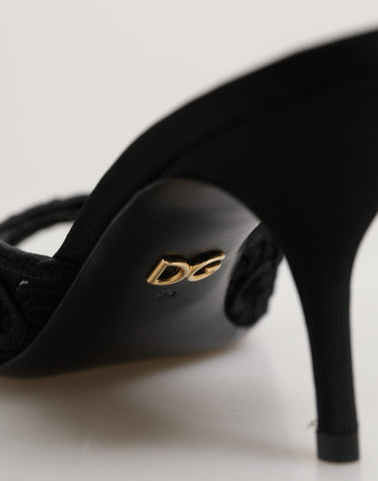 Black Embroidered Slip On Heels Slides Shoes