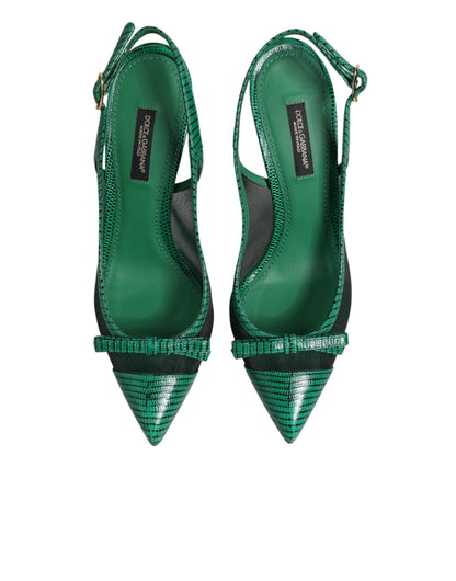 Green Leather Mesh Heels Slingback  Shoes