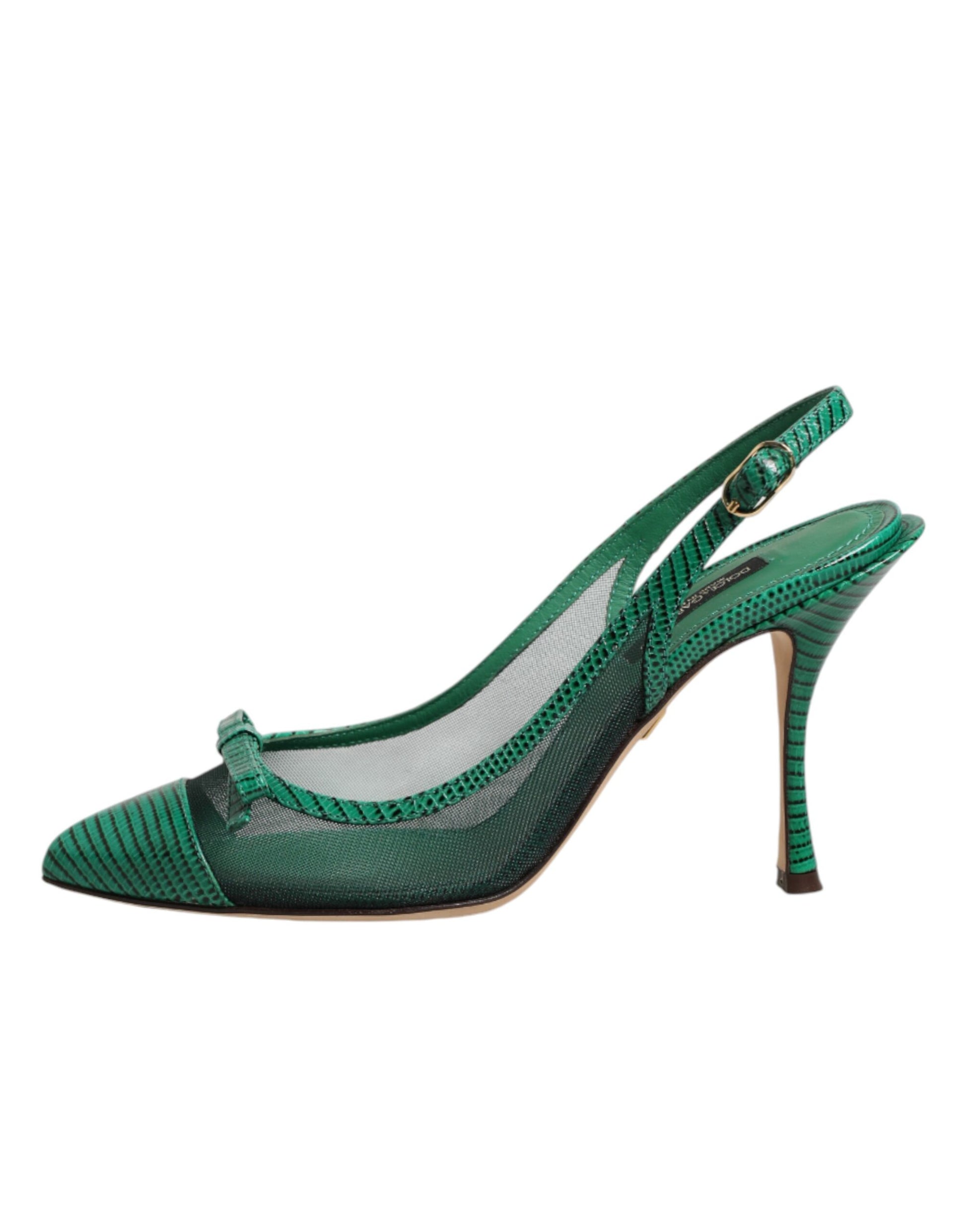 Green Leather Mesh Heels Slingback  Shoes