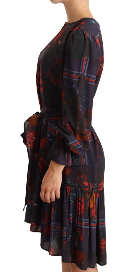 A-line Navy Blue Floral Silk Long Sleeve Knee Length Dress
