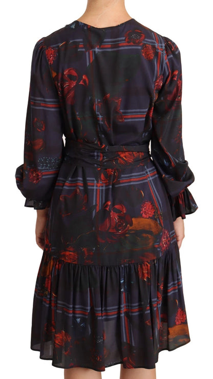 A-line Navy Blue Floral Silk Long Sleeve Knee Length Dress