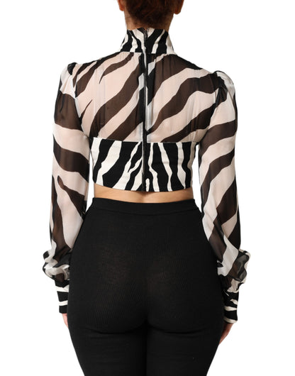 Zebra Print Chiffon Paneled Crop Blouse Top