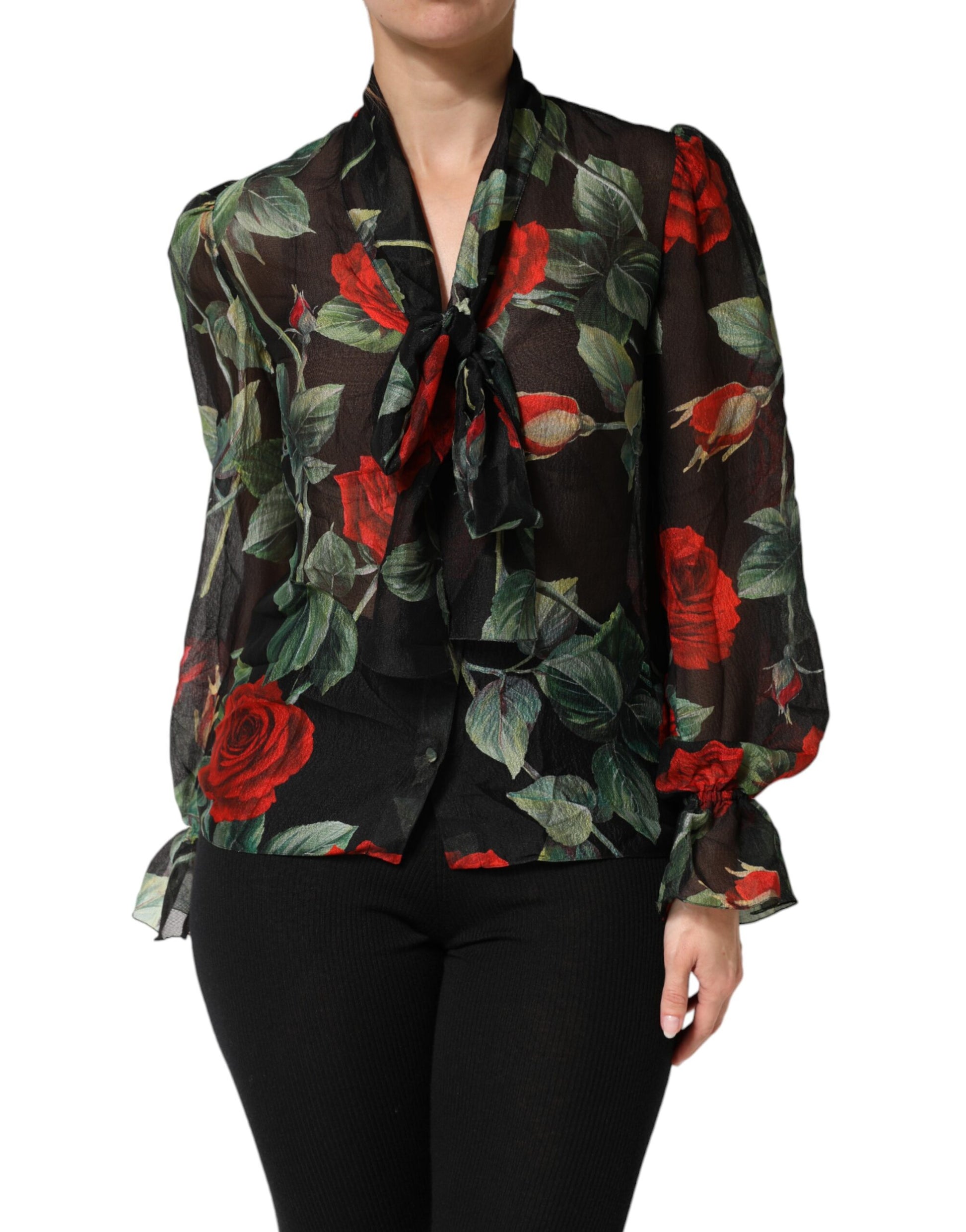 Black Floral Long Sleeves Silk Blouse Top