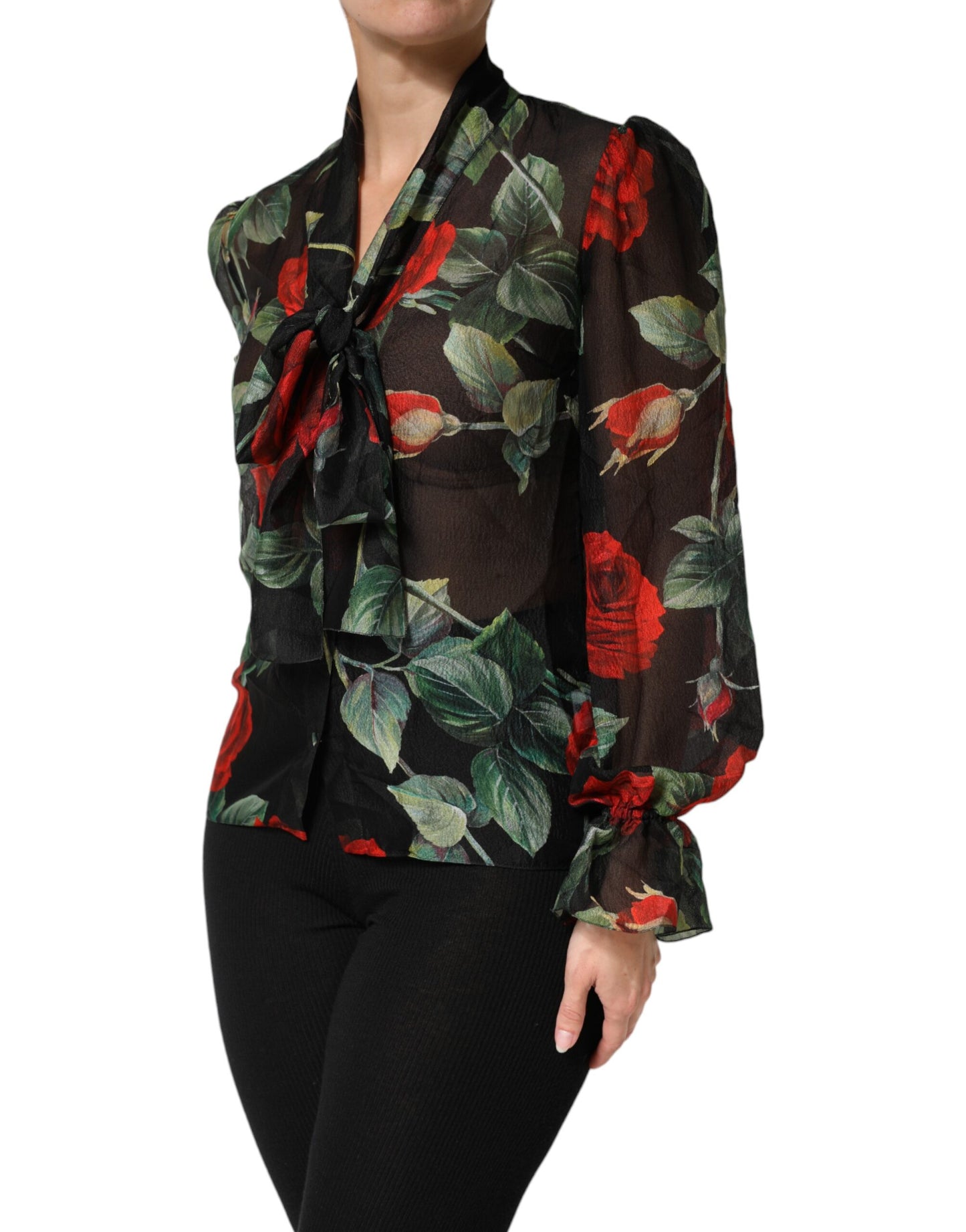Black Floral Long Sleeves Silk Blouse Top