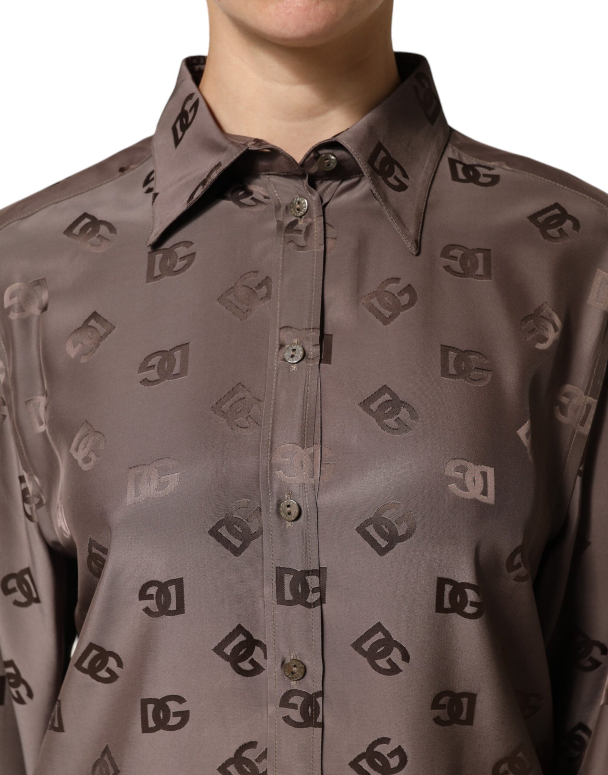 Brown Collared Long Sleeves Logo Shirt Top