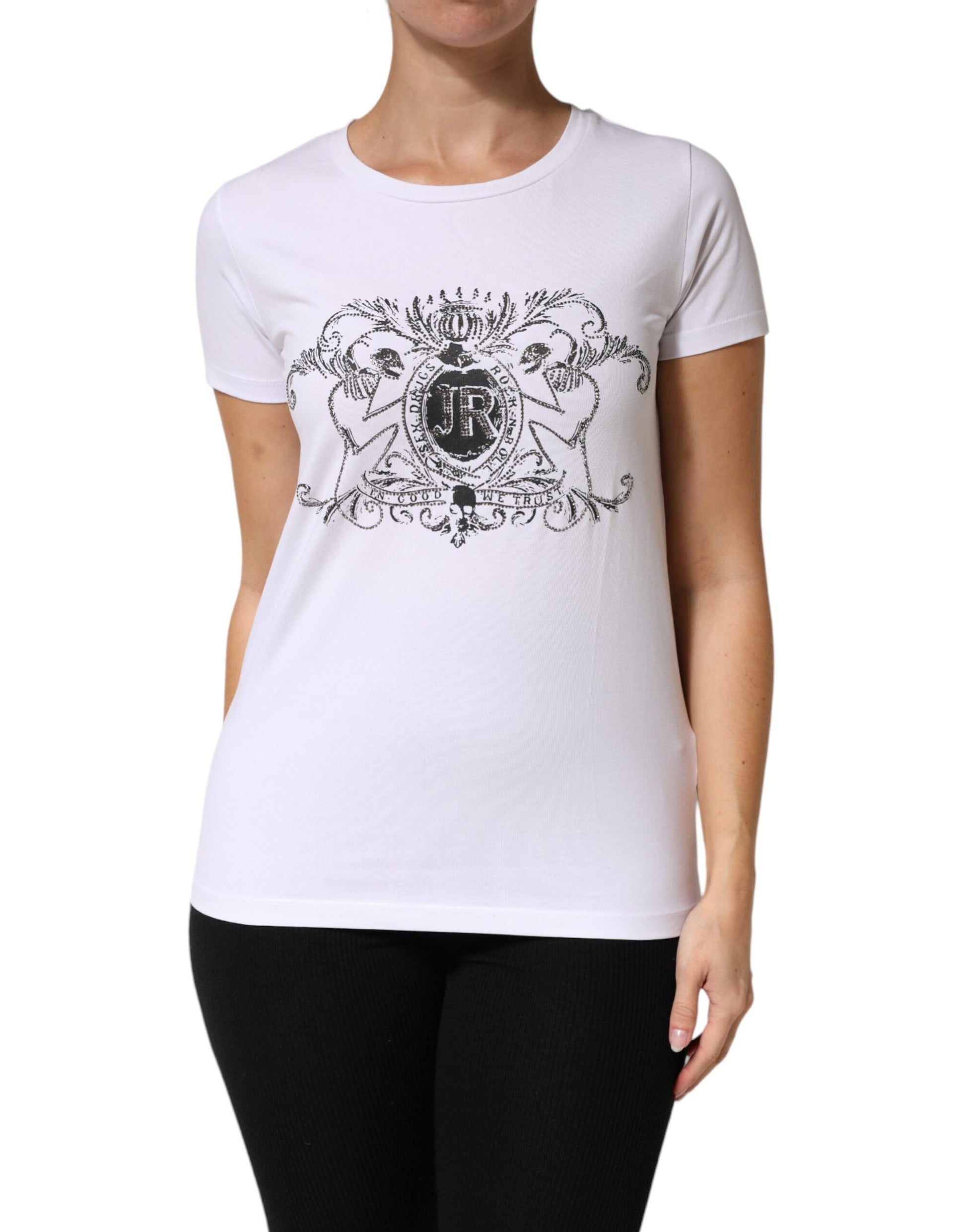White Printed Cotton Stretch Crew Neck T-shirt
