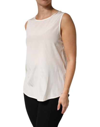 Off White Silk Stretch Roundneck Sleeveless Tank Top