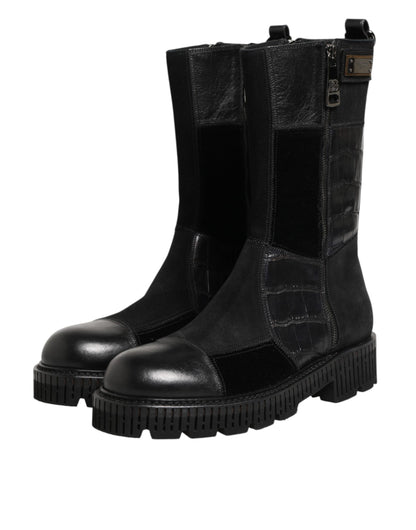 Black Patchwork Leather Mid Calf Boot  Shoes