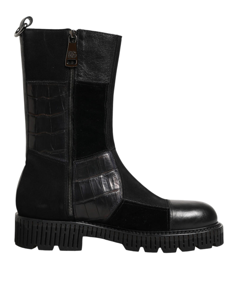 Black Patchwork Leather Mid Calf Boot  Shoes