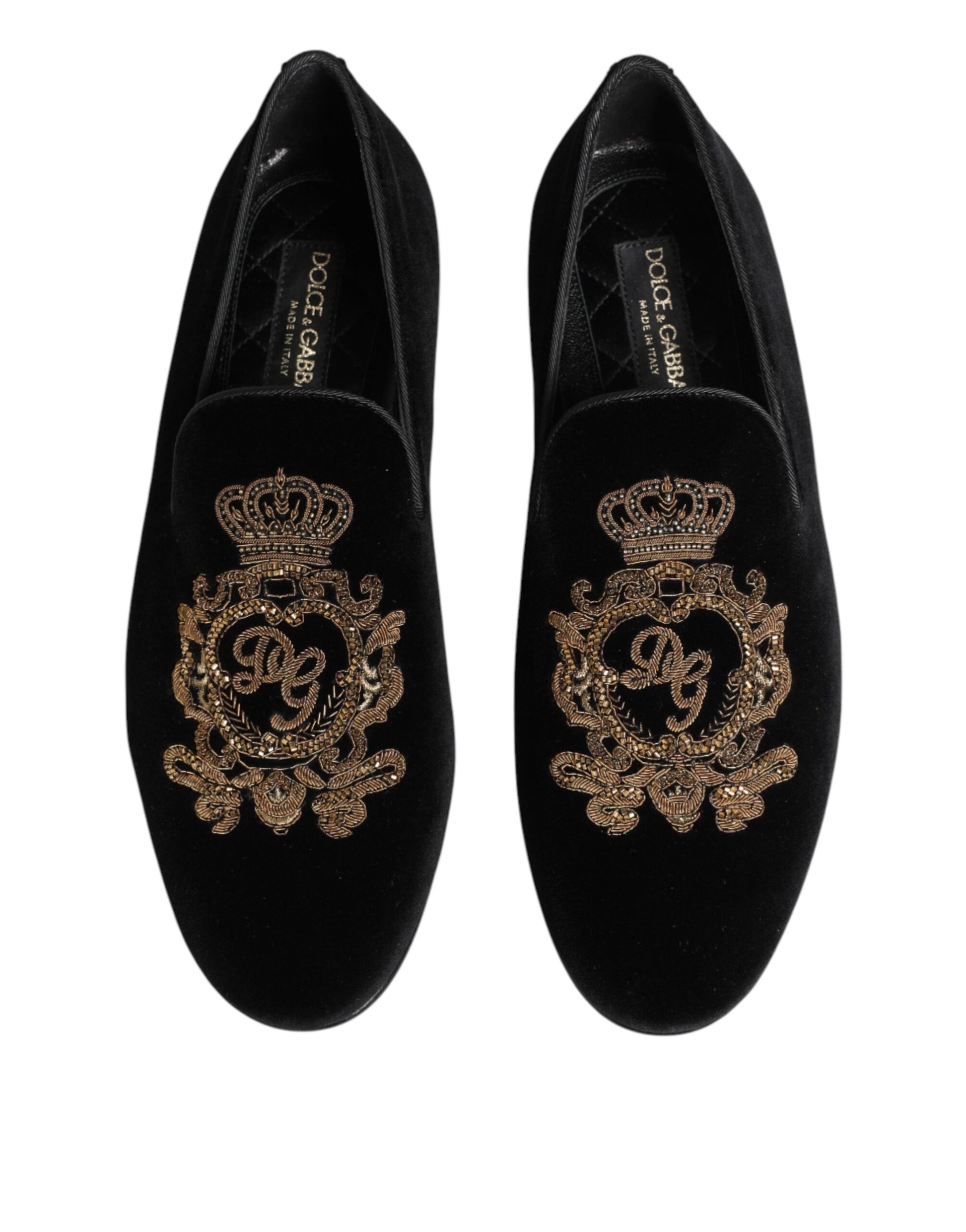 Black Velvet Gold Crown Mens Loafers Shoes