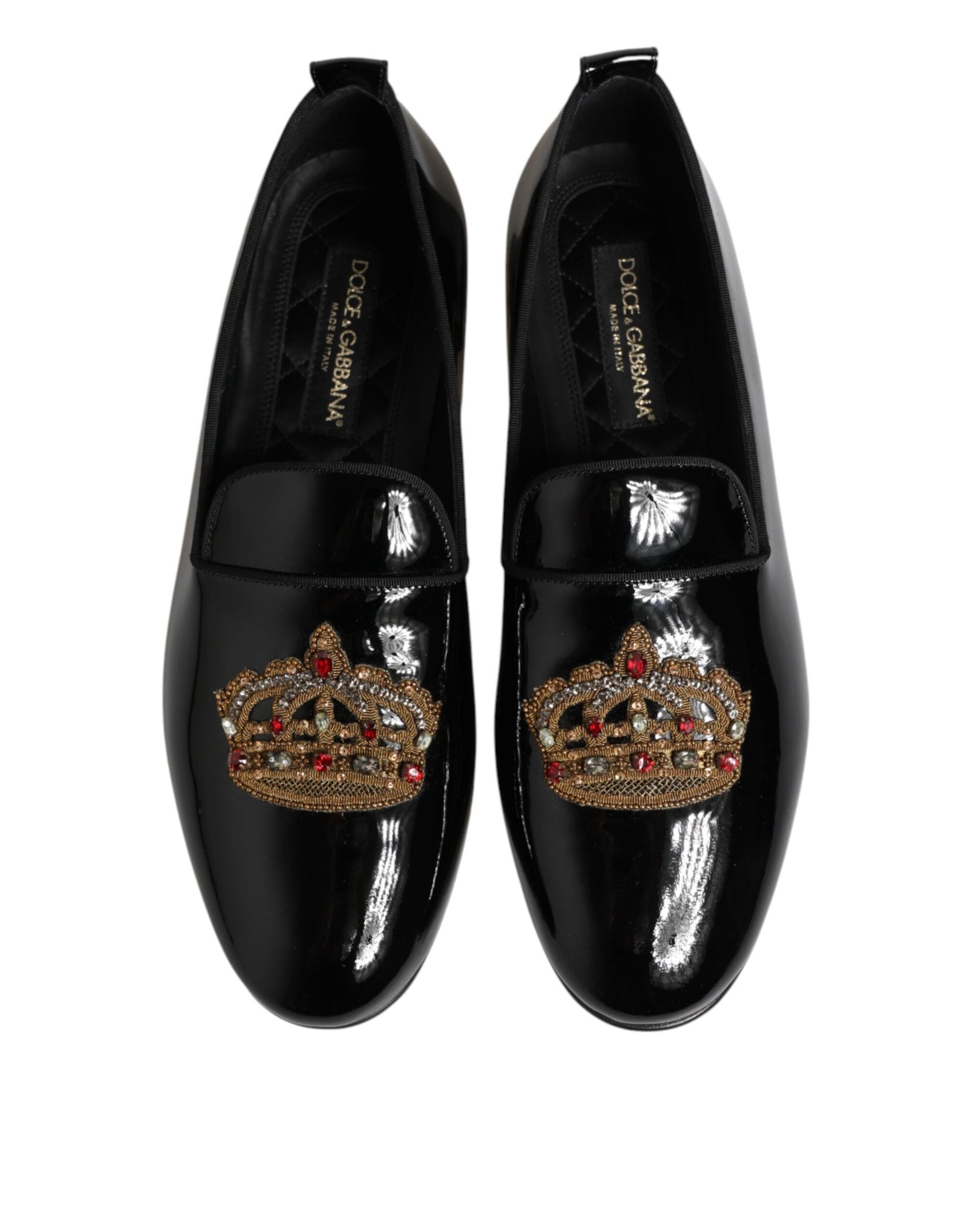 Black Leather Gold Crown Mens Loafers Shoes