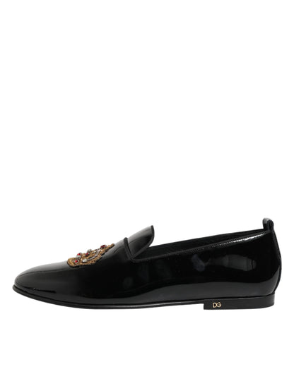 Black Leather Gold Crown Mens Loafers Shoes