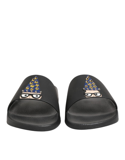 Black Leather Slides Sandals Beachwear Shoes