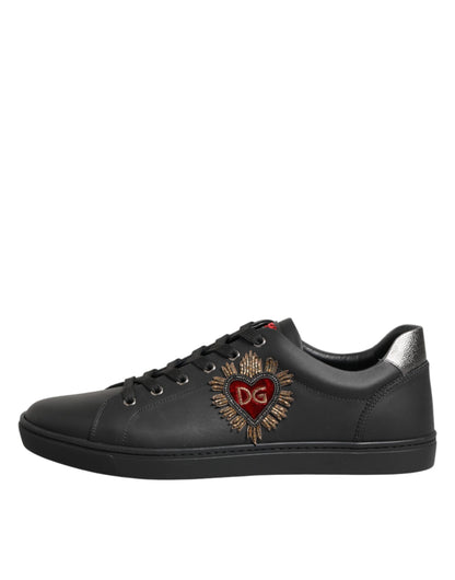 Black Leather Heart Embellished Sneakers Shoes