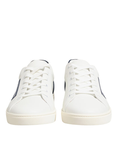 White Blue Leather Logo Patch Sneakers Shoes