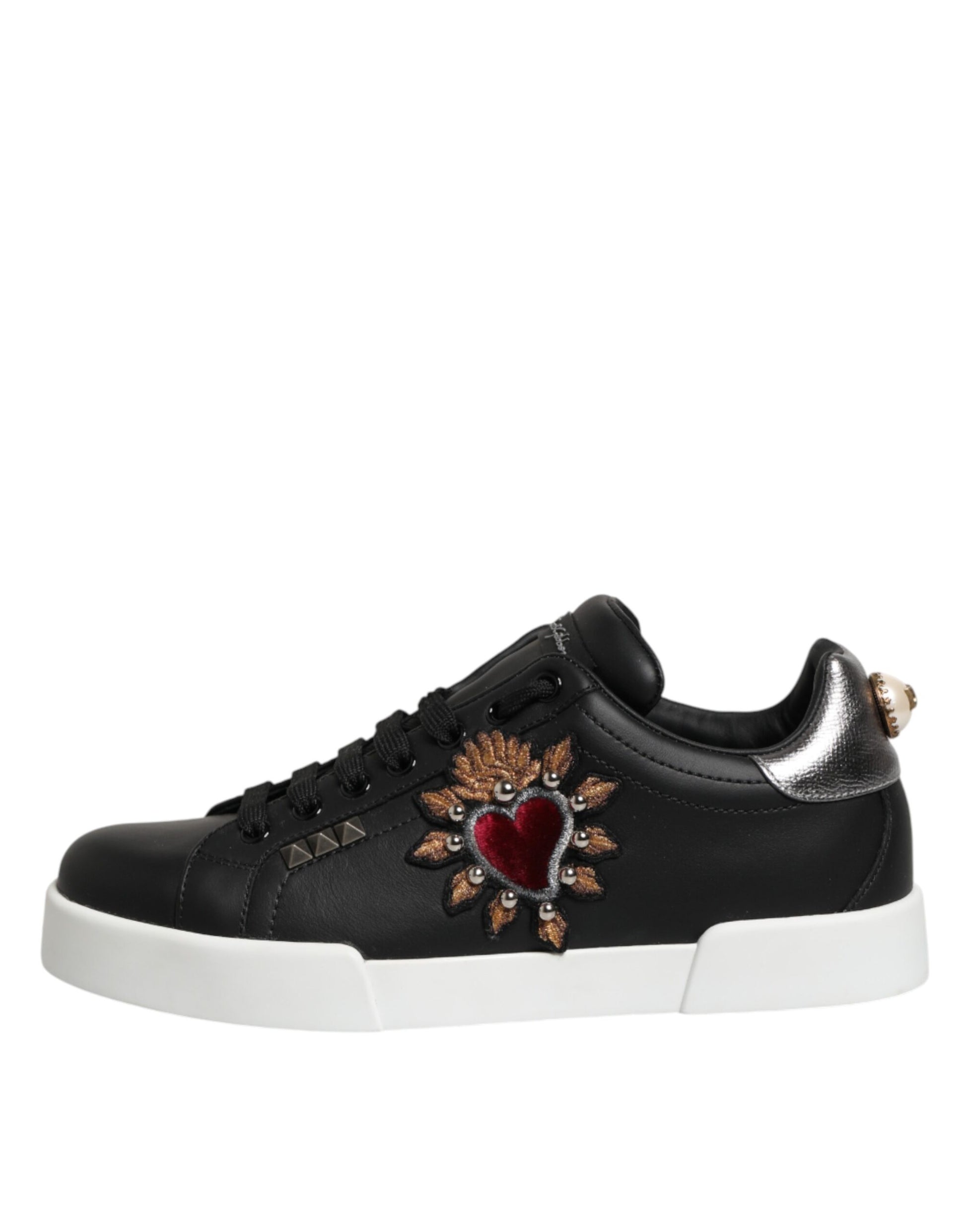 Black Leather Heart Embellished Sneakers Shoes