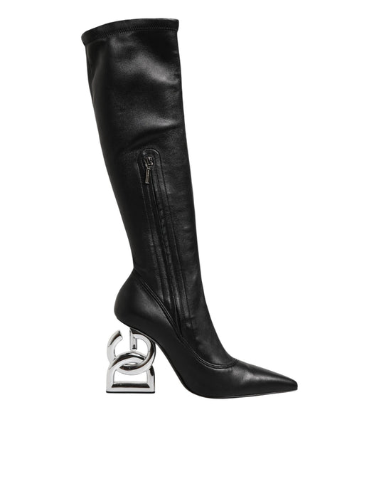 Black Leather DG Logo Knee High Boots Shoes