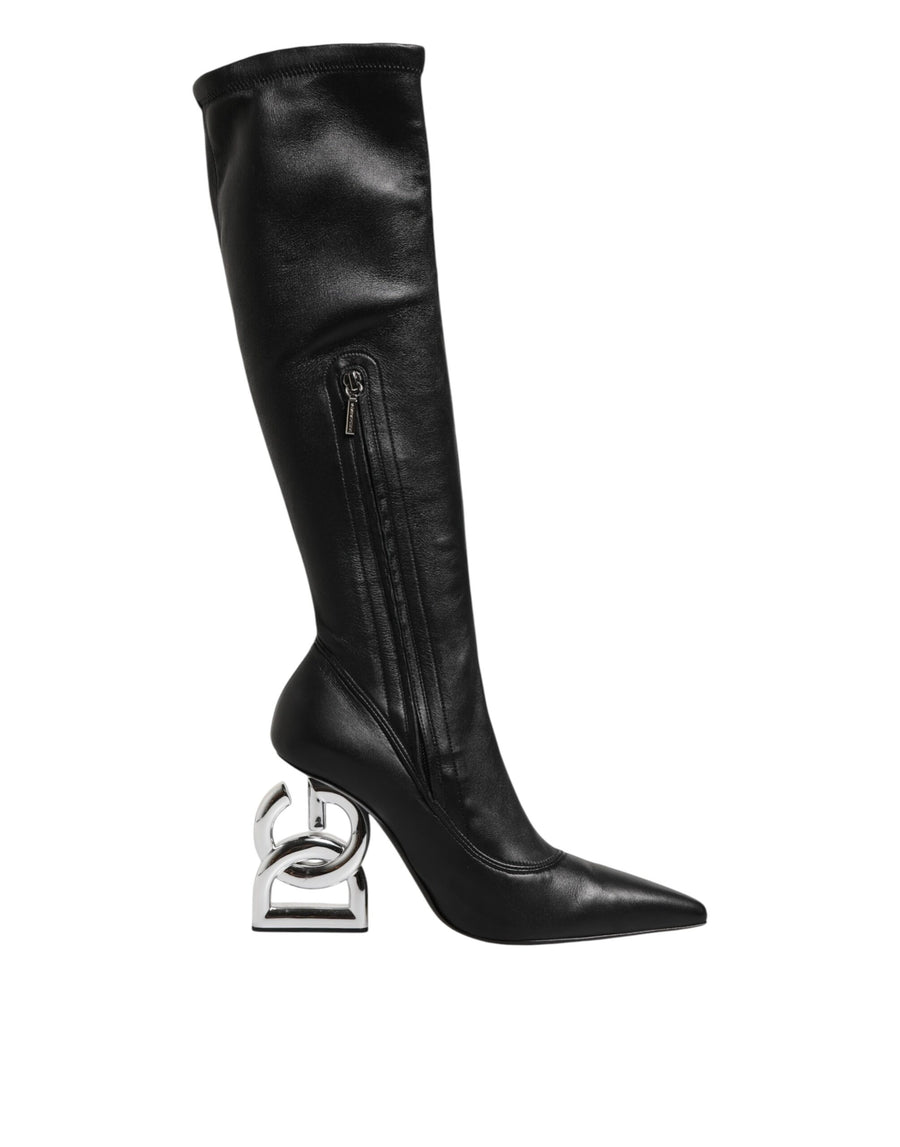 Black Leather DG Logo Knee High Boots Shoes