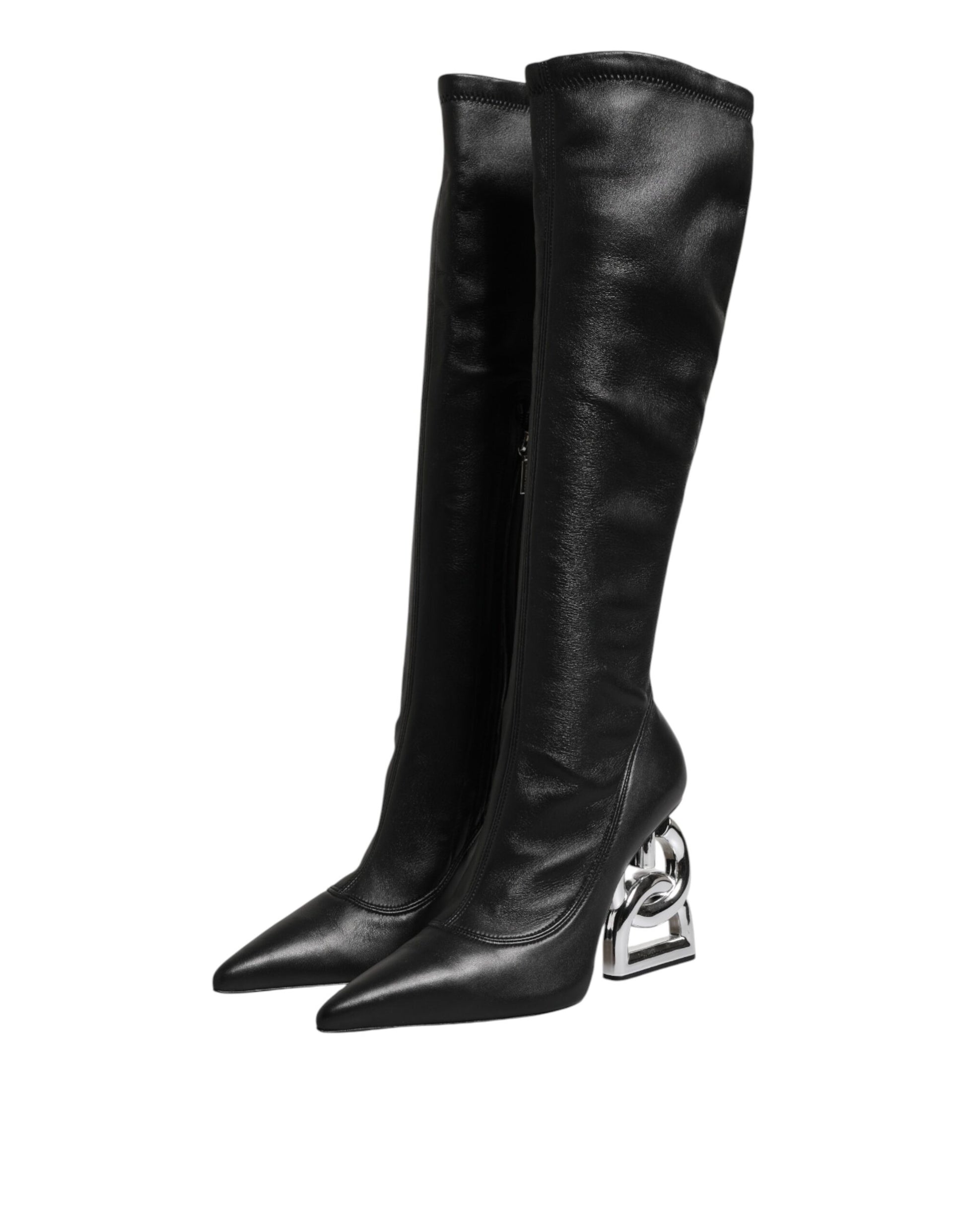 Black Leather DG Logo Knee High Boots Shoes