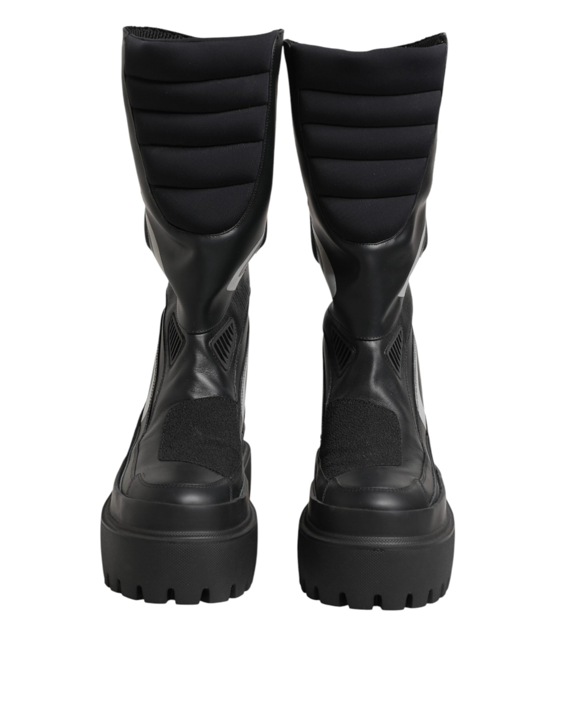 Black Leather Mid Calf Biker Boots Shoes
