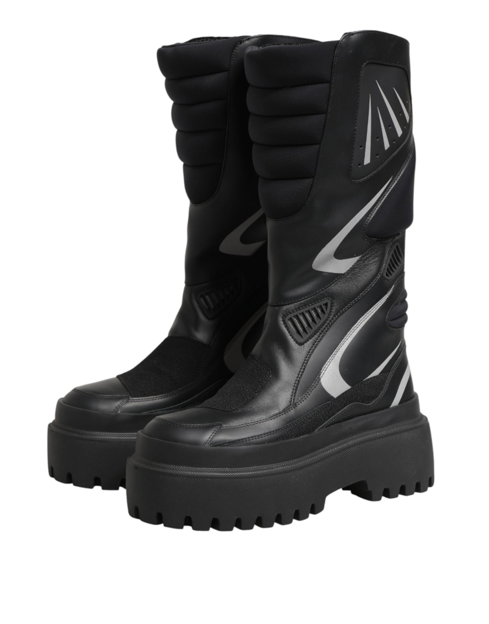 Black Leather Mid Calf Biker Boots Shoes