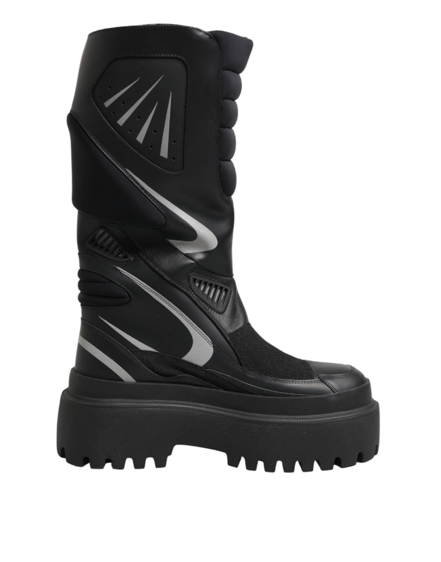 Black Leather Mid Calf Biker Boots Shoes
